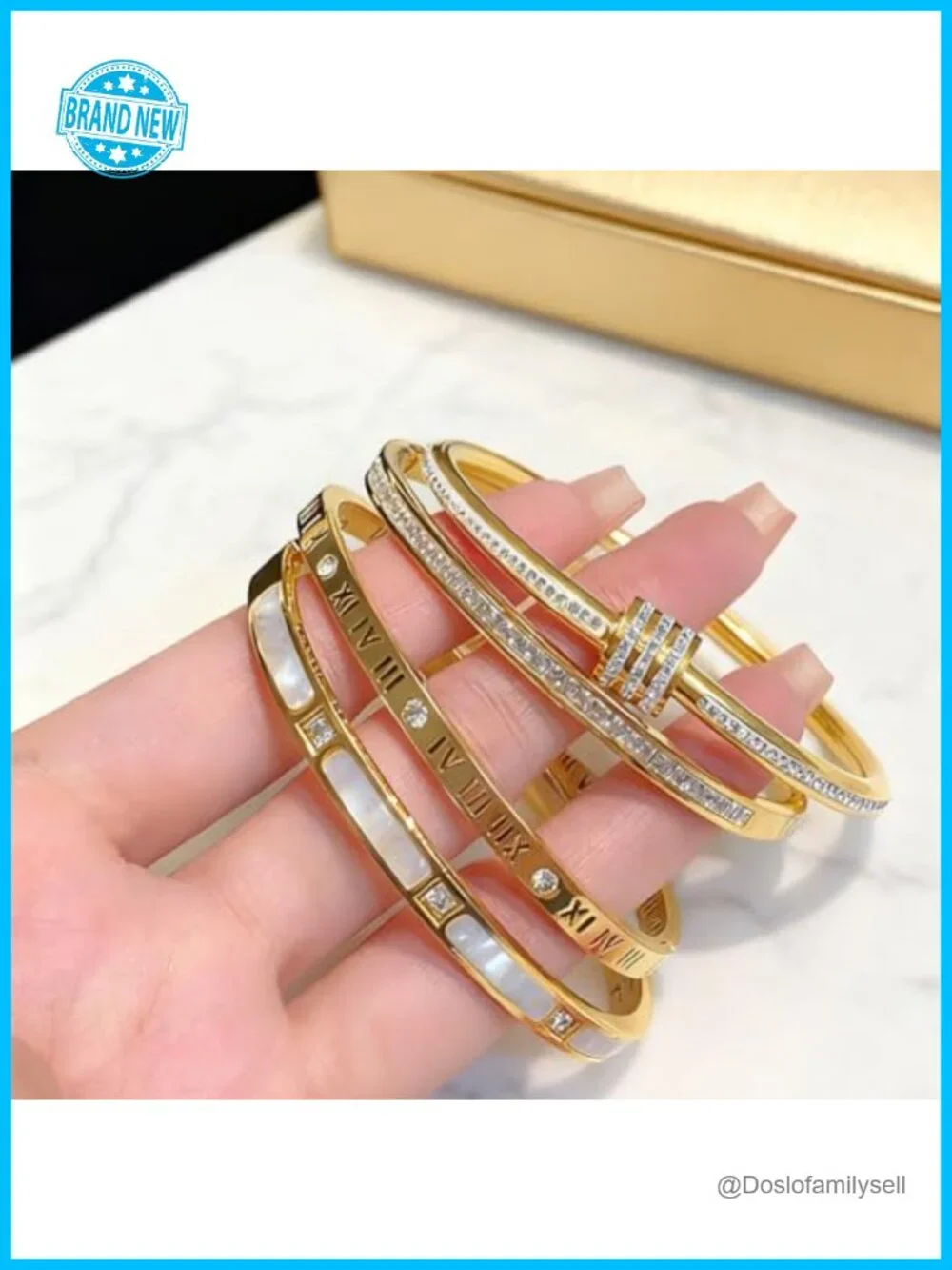 5-Piece Stainless Steel Bangle Bracelet Set, Gold Plated, Classic Stackable